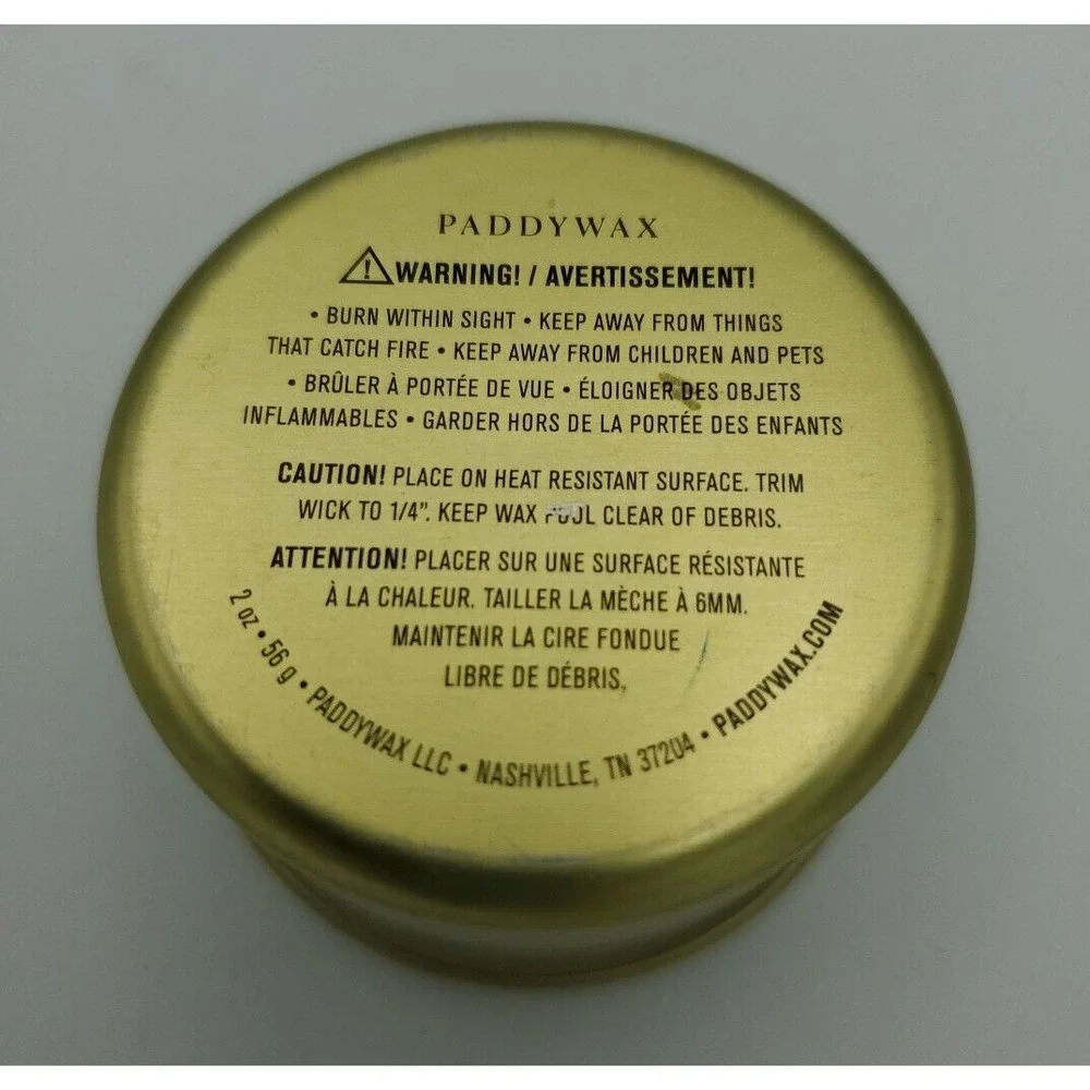 Paddywax Cedarwood and Teak White 2 oz Candle Gold Metal Tin Scratched Triangle‎